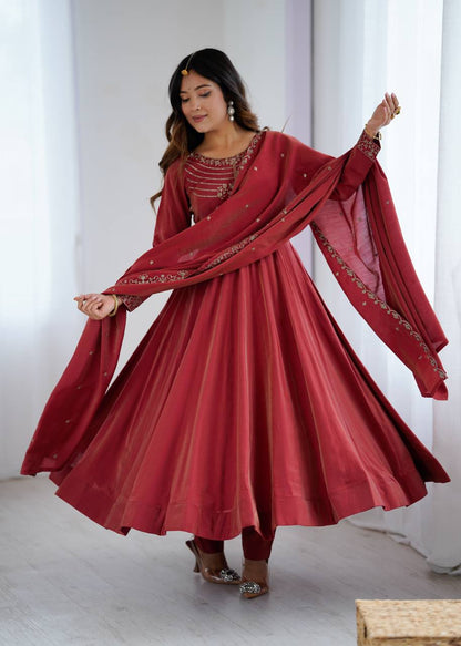 Maroon Silk Anarkali Suit with Embroidered Dupatta and Pant