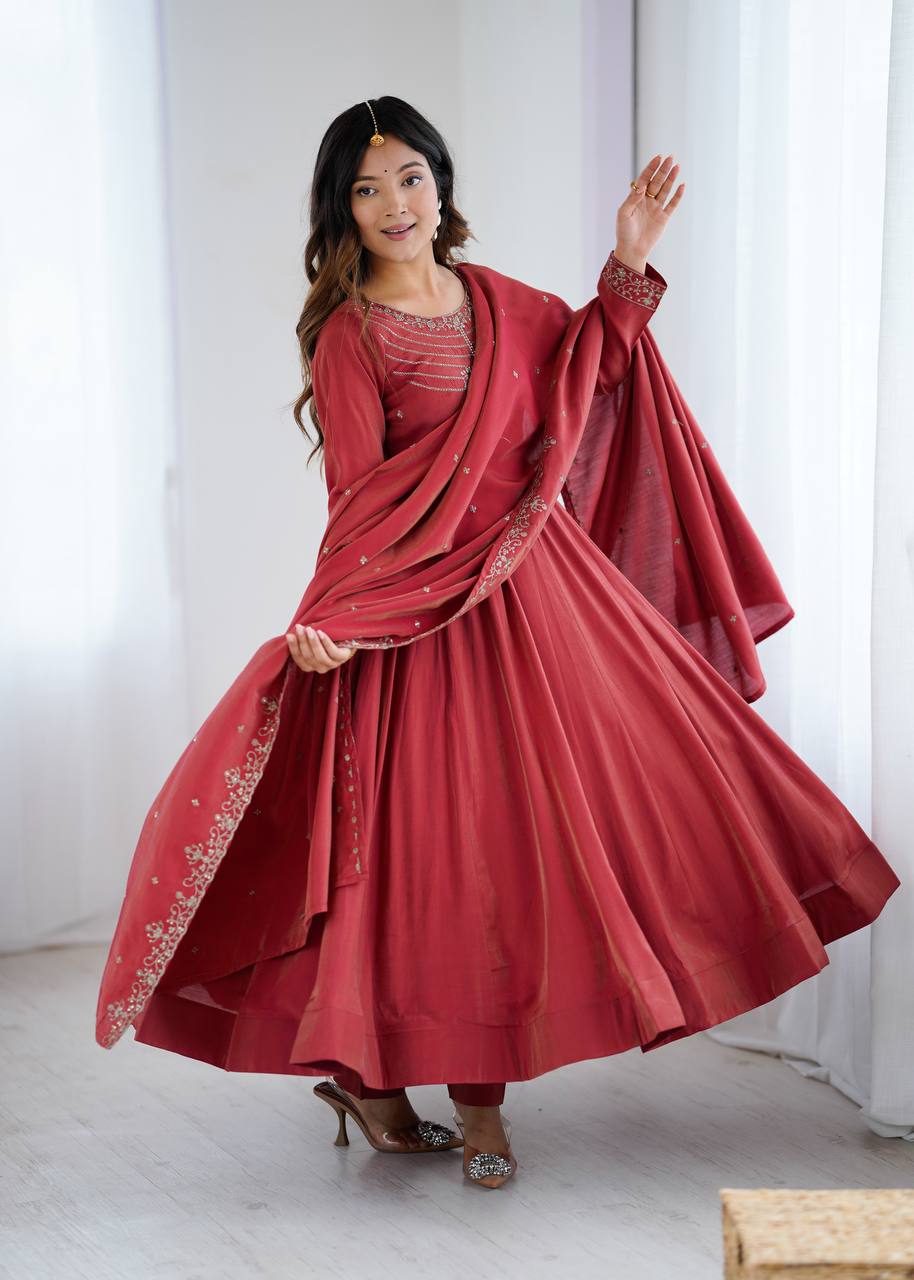 Maroon Silk Anarkali Suit with Embroidered Dupatta and Pant
