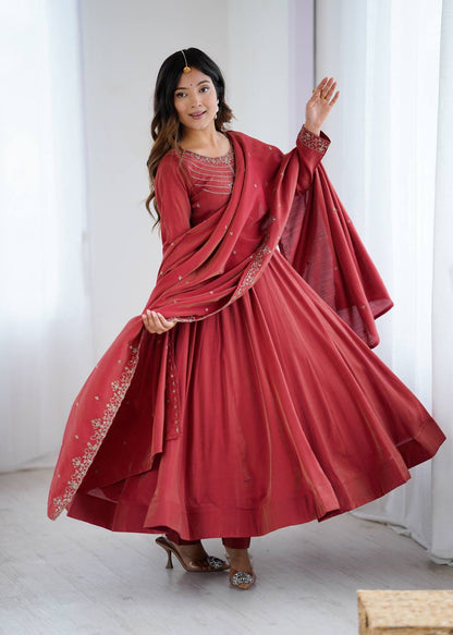 Maroon Silk Anarkali Suit with Embroidered Dupatta and Pant