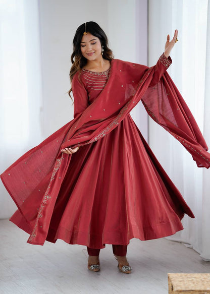 Maroon Silk Anarkali Suit with Embroidered Dupatta and Pant