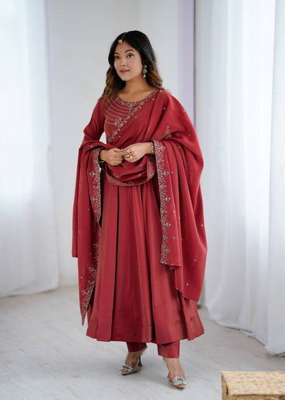 Maroon Silk Anarkali Suit with Embroidered Dupatta and Pant