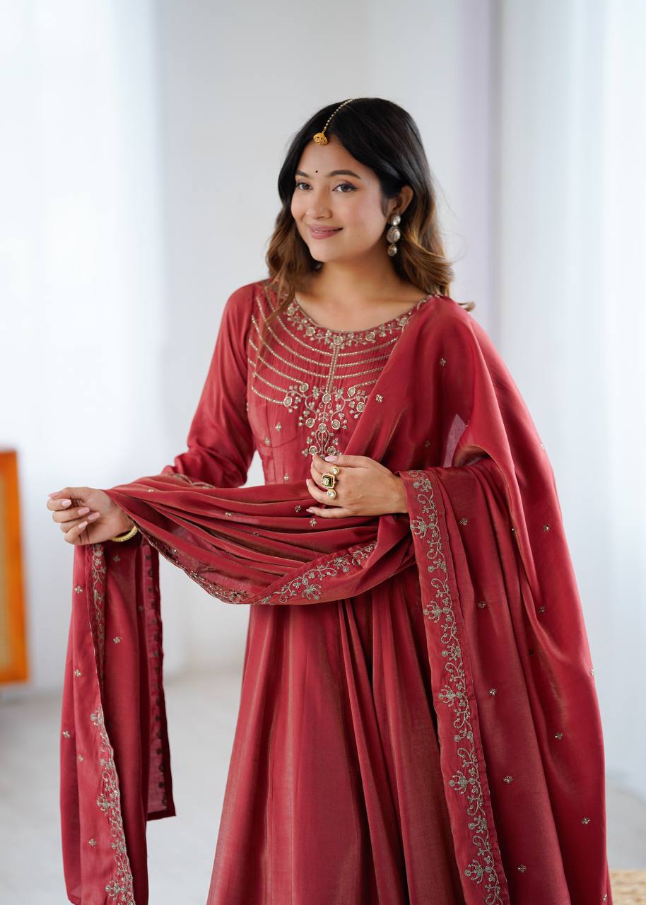Maroon Silk Anarkali Suit with Embroidered Dupatta and Pant