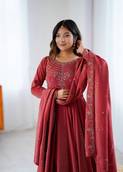 Maroon Silk Anarkali Suit with Embroidered Dupatta and Pant
