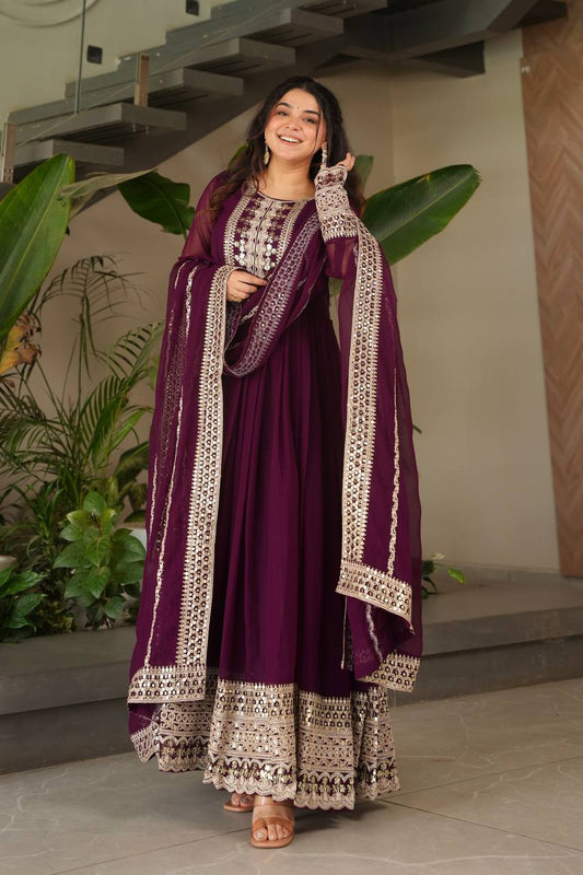 Wine Georgette Anarkali Gown with Embroidered Dupatta