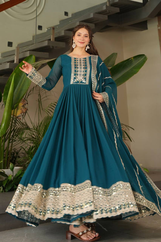 Teal Georgette Anarkali Gown with Embroidered Work and Dupatta