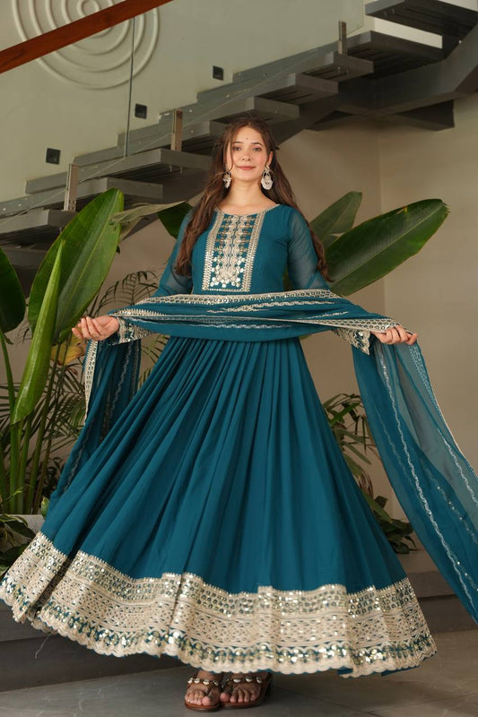 Teal Georgette Anarkali Gown with Embroidered Work and Dupatta