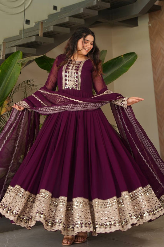 Wine Georgette Anarkali Gown with Embroidered Dupatta