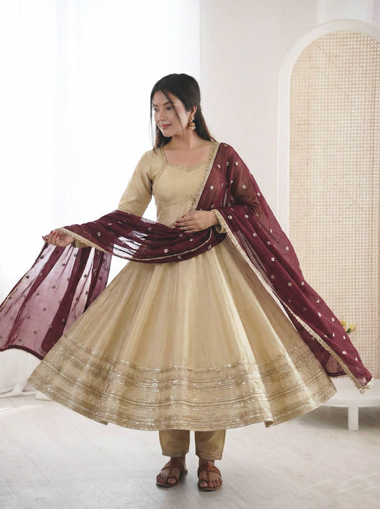 Cream Cosmos Gold Anarkali Gown with Heavy Lace Work & Georgette Dupatta