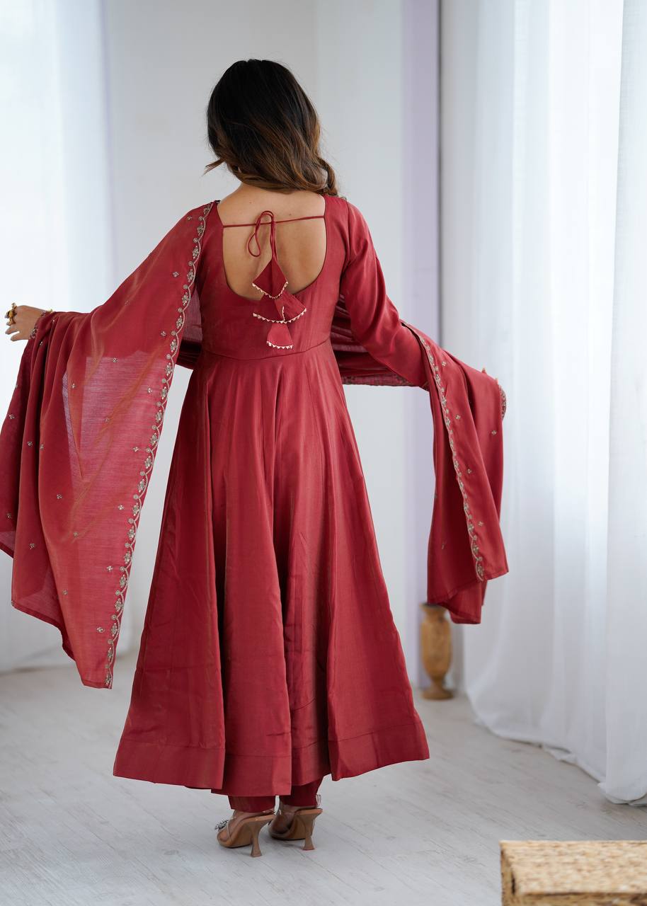 Maroon Silk Anarkali Suit with Embroidered Dupatta and Pant