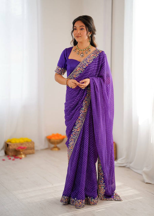 Purple Bandhani Print Georgette Saree with Embroidered Border & Blouse