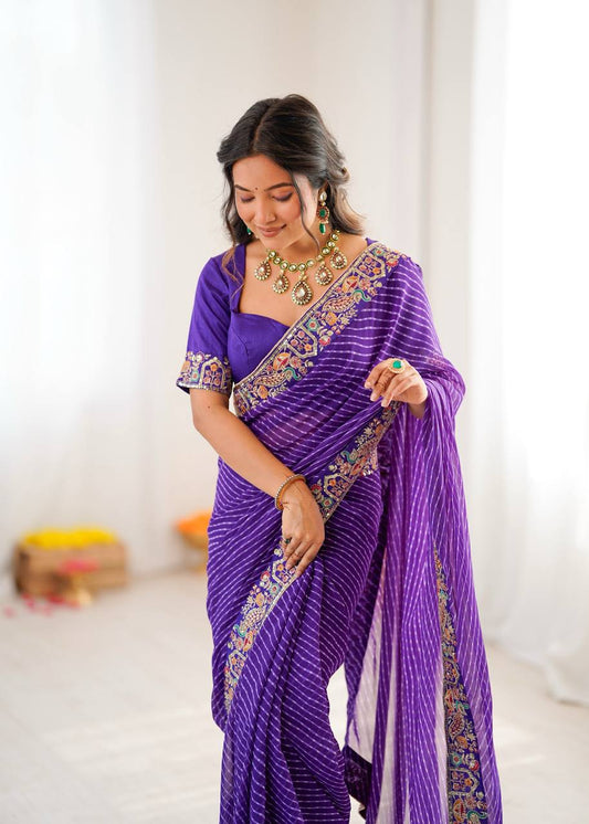 Purple Bandhani Print Georgette Saree with Embroidered Border & Blouse