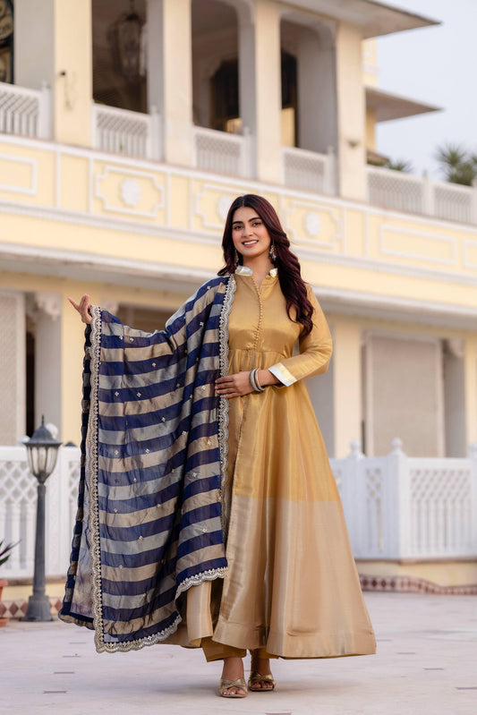Mustard Pure Banarasi Viscose Anarkali Gown Set with Navy Striped Dupatta