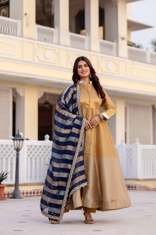 Mustard Pure Banarasi Viscose Anarkali Gown Set with Navy Striped Dupatta