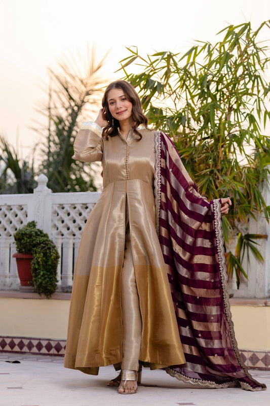Beige Pure Banarasi Viscose Anarkali Gown Set with Wine Striped Dupatta