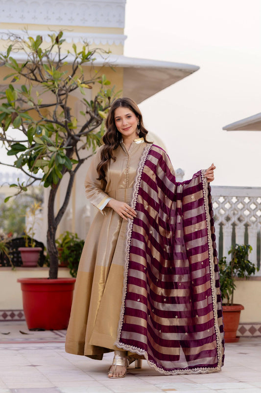 Beige Pure Banarasi Viscose Anarkali Gown Set with Wine Striped Dupatta