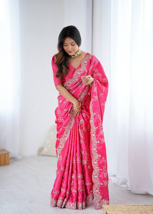 Designer Hot Pink Satin Silk Saree with Sequins Embroidery Work