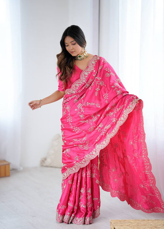 Designer Hot Pink Satin Silk Saree with Sequins Embroidery Work