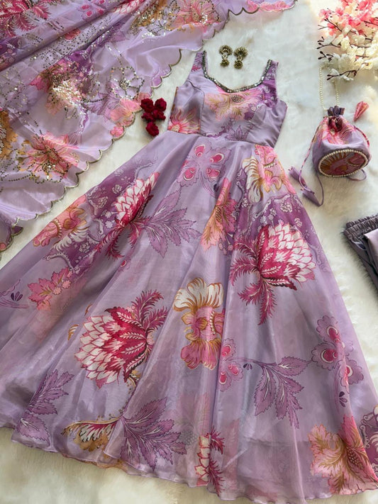 Lavender Floral Organza Anarkali Gown Set with Dupatta & Batwa Bag