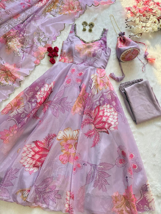 Lavender Floral Organza Anarkali Gown Set with Dupatta & Batwa Bag