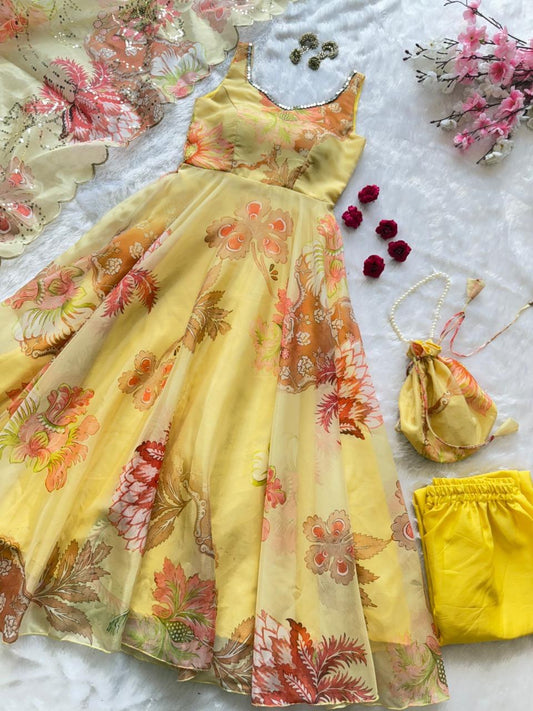 Yellow Floral Organza Anarkali Gown Set with Dupatta, Pant & Batwa Bag