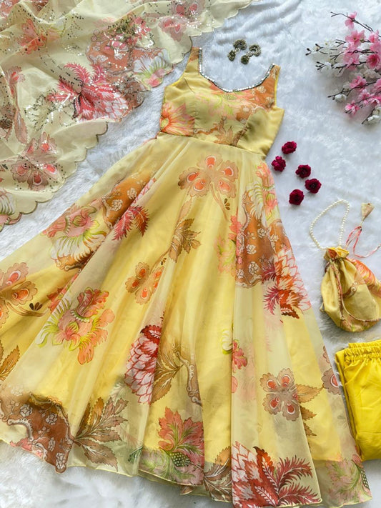 Yellow Floral Organza Anarkali Gown Set with Dupatta, Pant & Batwa Bag