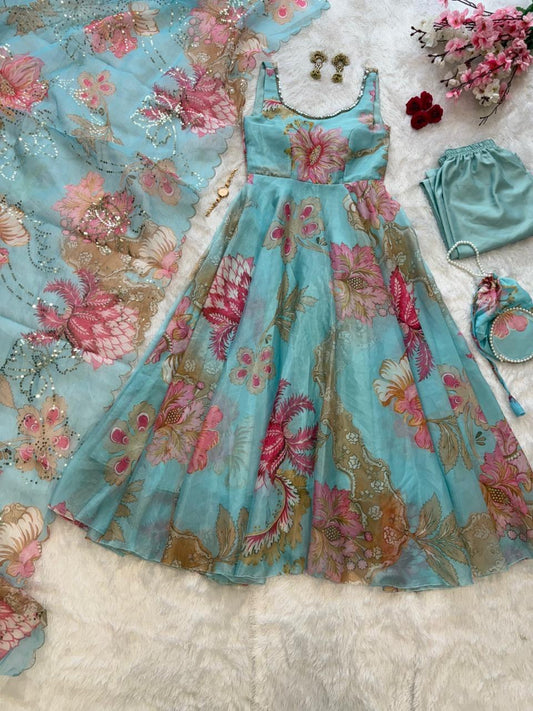 Sky Blue Digital Printed Jimmy Organza Silk Anarkali Suit with Dupatta, Pant & Batwa Bag