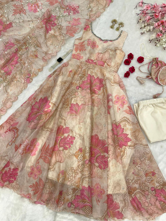 Beige Pink Floral Organza Anarkali Gown Set with Dupatta, Pant & Batwa Bag