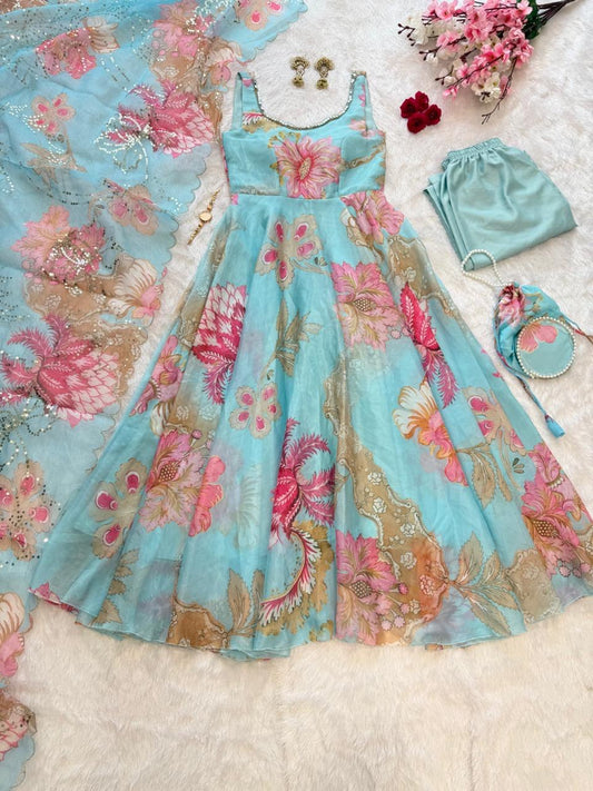 Sky Blue Digital Printed Jimmy Organza Silk Anarkali Suit with Dupatta, Pant & Batwa Bag