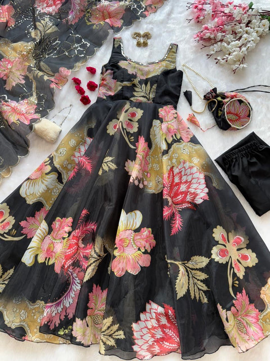 Black Floral Organza Anarkali Gown Set with Dupatta, Pant & Batwa Bag