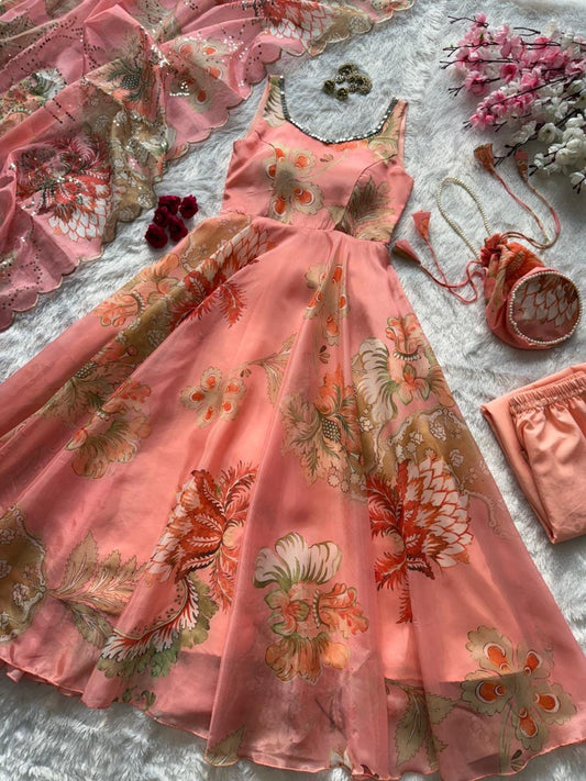 Peach Floral Organza Anarkali Gown Set with Dupatta, Pant & Batwa Bag