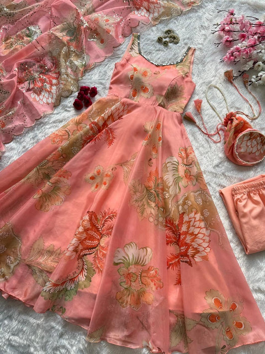Peach Floral Organza Anarkali Gown Set with Dupatta, Pant & Batwa Bag