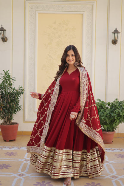 Luxury Floor Length Maroon Anarkali Suit with Embroidery Dupatta