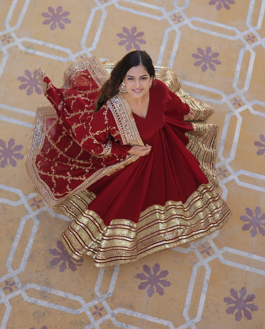 Luxury Floor Length Maroon Anarkali Suit with Embroidery Dupatta
