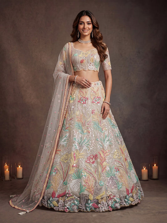 White Ivory Blossom Symphony Floral Embroidered Lehenga Choli
