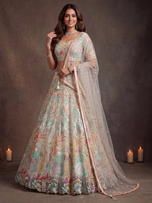 White Ivory Blossom Symphony Floral Embroidered Lehenga Choli