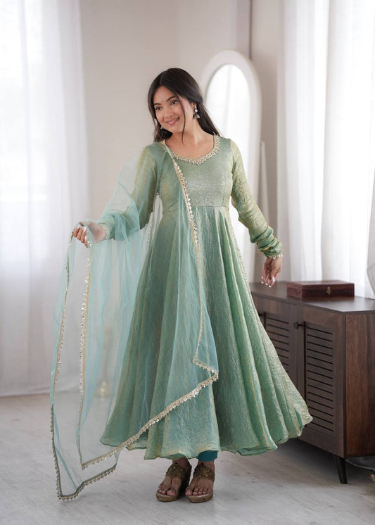 Pastel Green Flared Anarkali Gown with Real Mirror Work Lace Border