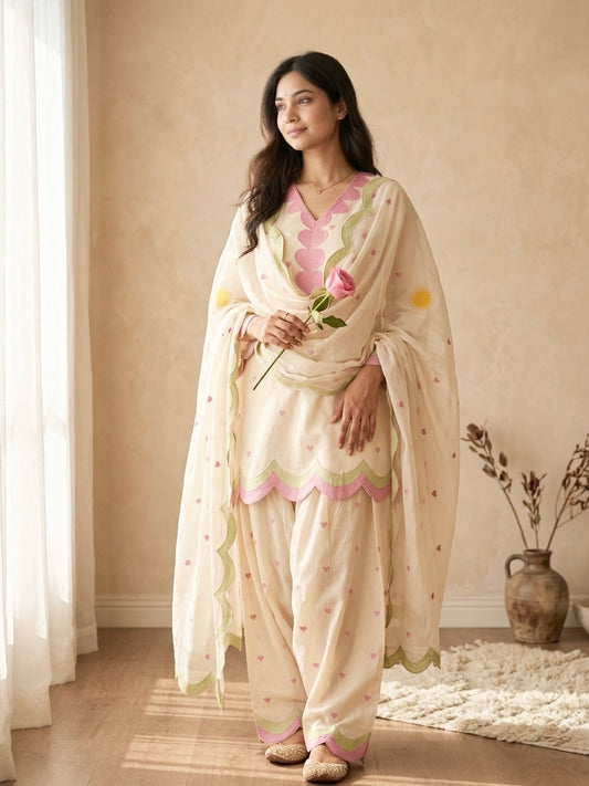 Pastel Pink & White Farshi Salwar Suit with Embroidery & Dupatta