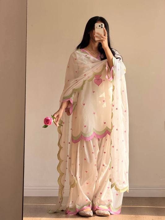 Pastel Pink & White Farshi Salwar Suit with Embroidery & Dupatta