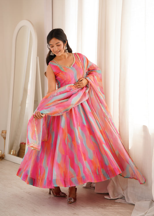 Designer Pastel Printed Organza Anarkali Gown