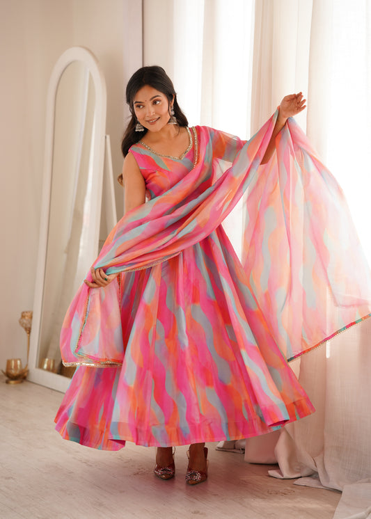 Designer Pastel Printed Organza Anarkali Gown