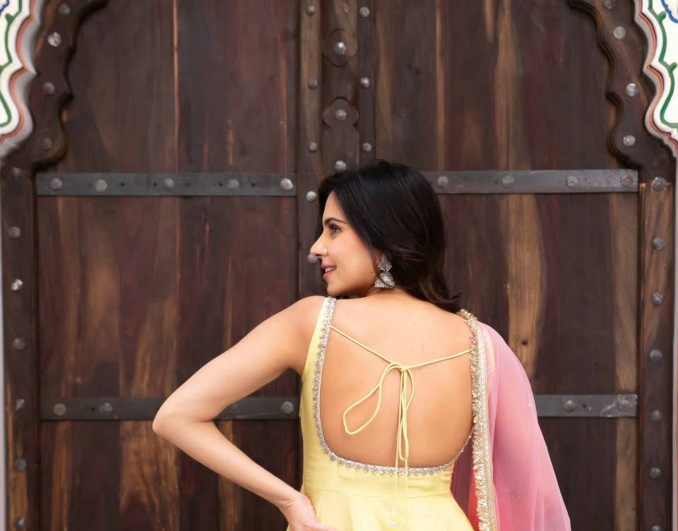Pastel Yellow Georgette Anarkali Suit with Pink Dupatta