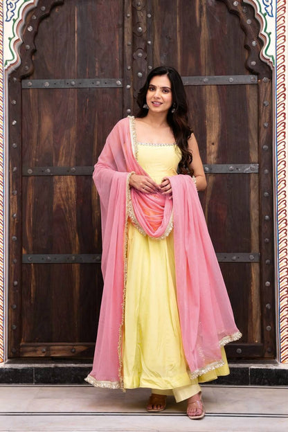 Pastel Yellow Georgette Anarkali Suit with Pink Dupatta