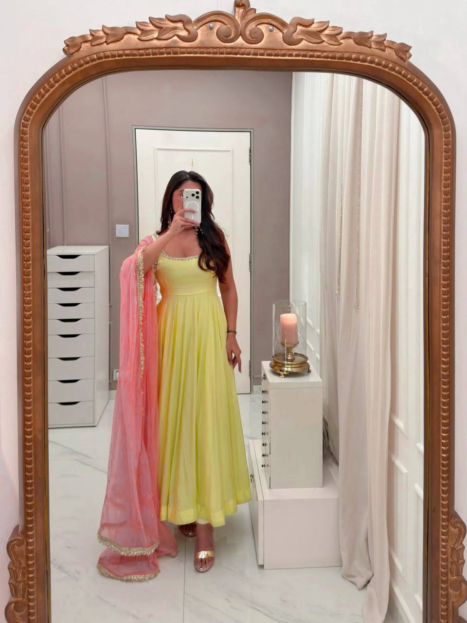 Pastel Yellow Georgette Anarkali Suit with Pink Dupatta