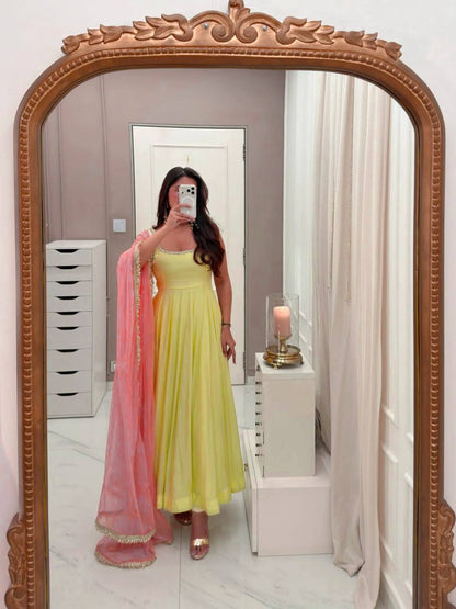 Pastel Yellow Georgette Anarkali Suit with Pink Dupatta