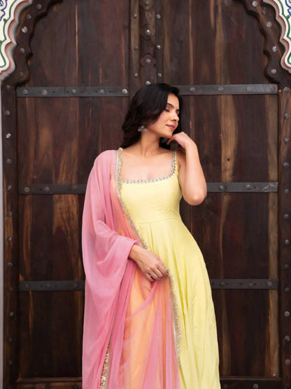 Pastel Yellow Georgette Anarkali Suit with Pink Dupatta