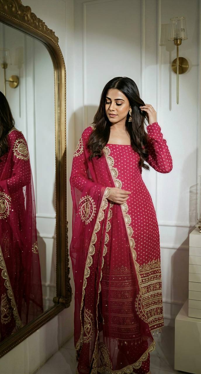 Pink Bandhani Printed Georgette Kurti Pant Dupatta Set