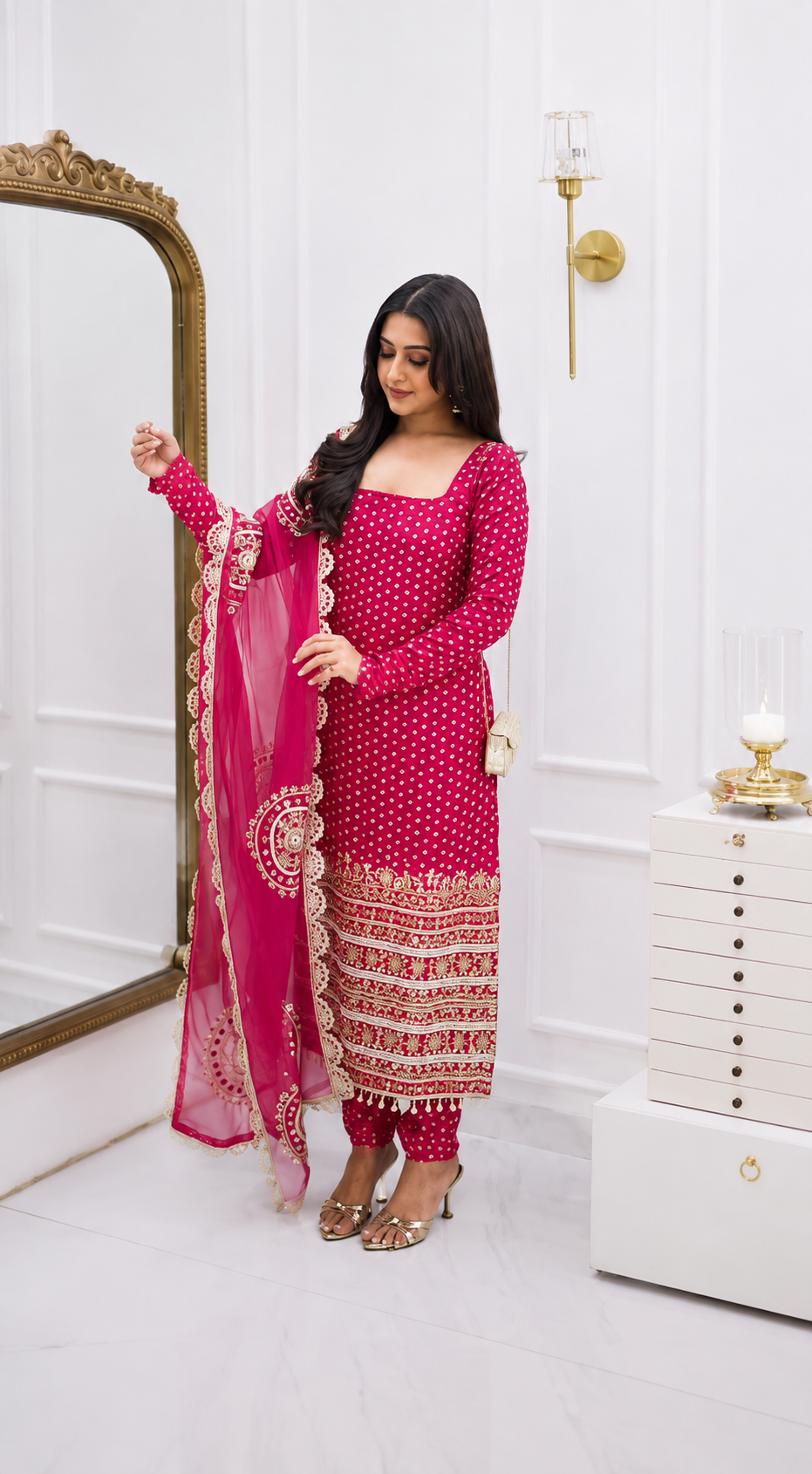 Pink Bandhani Printed Georgette Kurti Pant Dupatta Set