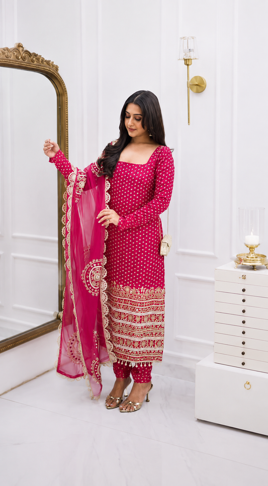 Pink Bandhani Printed Georgette Kurti Pant Dupatta Set
