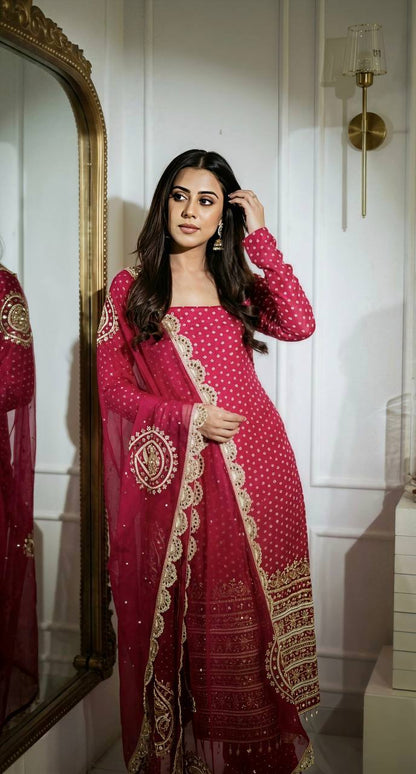 Pink Bandhani Printed Georgette Kurti Pant Dupatta Set