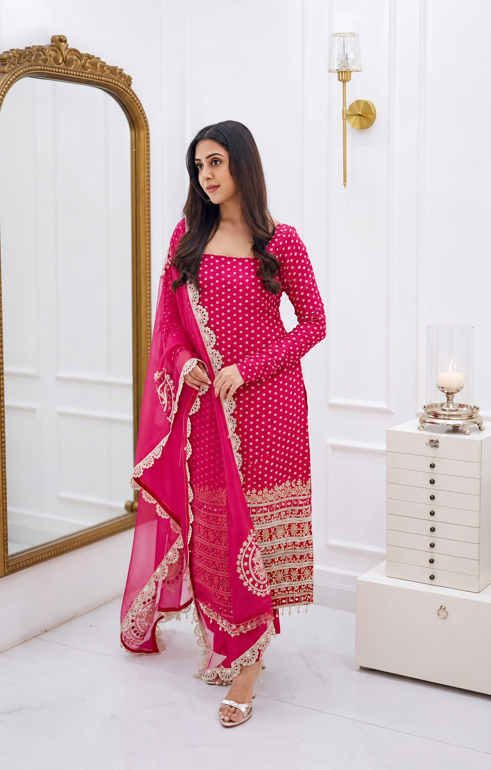 Pink Bandhani Printed Georgette Kurti Pant Dupatta Set